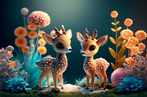 Premium Photo | Two cute fawns and flowers realistic generative ai