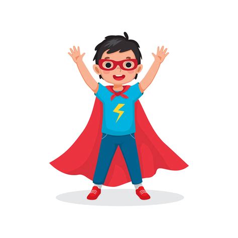 Cute little boy plays wearing superhero costumes standing raising hands greeting with smiling ...