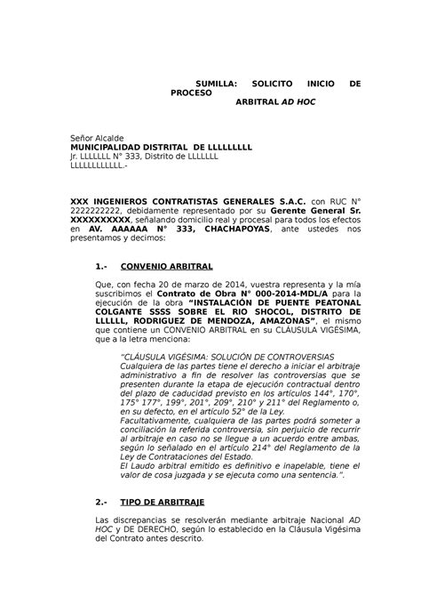 Solicitud De Arbitraje Ad Hoc Sumilla Solicito Inicio De Proceso