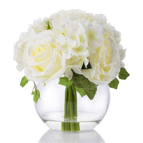 Enova Home Artificial Mixed Rose And Hydrangea Silk Flowers Arrangement In Clear Glass Vase With