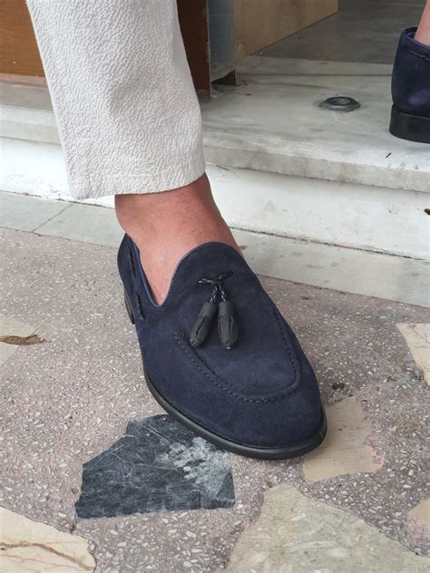 Buy Navy Blue Suede Tassel Loafers by GentWith.com with Free Shipping