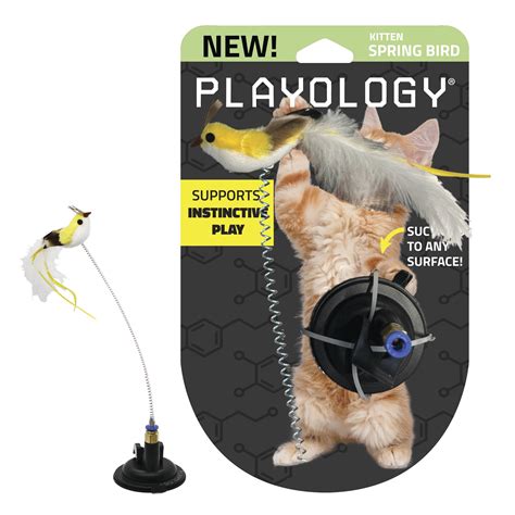 Playology Cat Toy Suction Cup Spring Bird Interactive Cat Toy With Lifelike Feather Bird