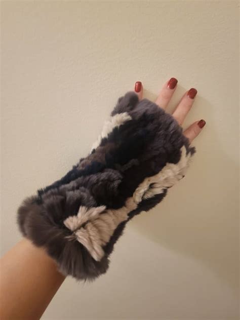 Womens Jewel Fingerless Rex Rabbit Fur Gloves Overland