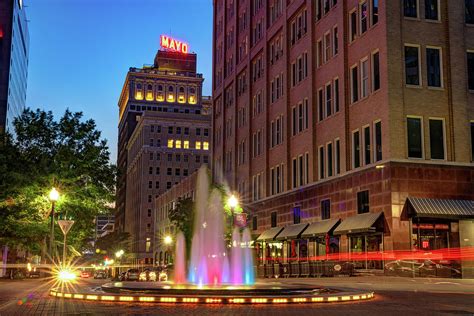Tulsa Oklahoma And The Bartlett Square Fountain At Dusk Photograph By