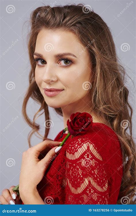 Beautiful Woman Holding A Red Rose Stock Photo Image Of Love Beauty