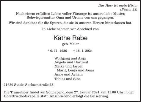 Käthe Rabe Traueranzeige Stader Tageblatt