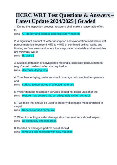 IICRC WRT Test Questions Answers Latest Update 2024 2025 Graded