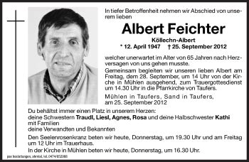 Traueranzeigen Von Albert Feichter Trauer Bz