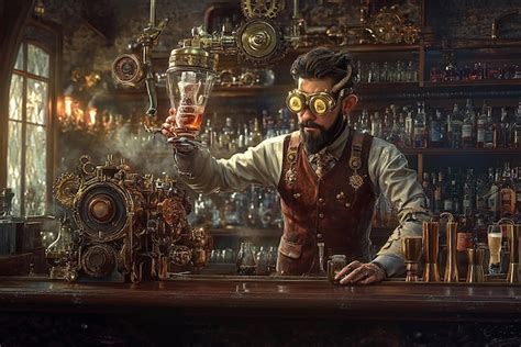 Steampunk Bartender In Victorian Attire Premium Ai Generated Image