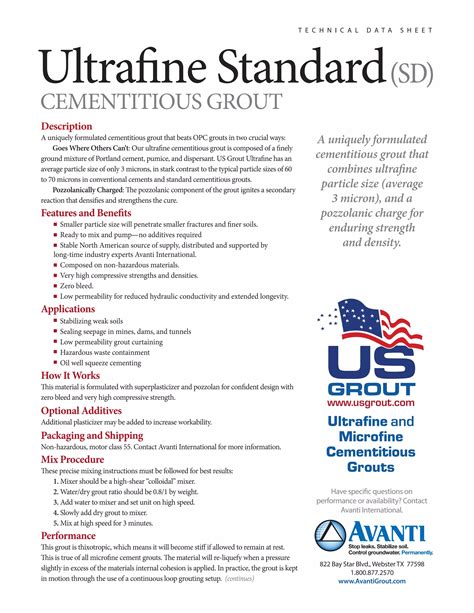 Us Grout Ultrafine Cementitious Grout Type Sd Data Sheet Pdf