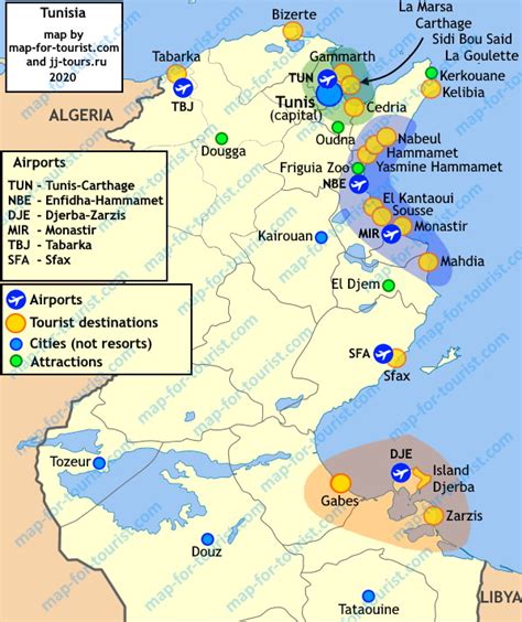 Map of Tunisia - resorts, cities, airports, attractions