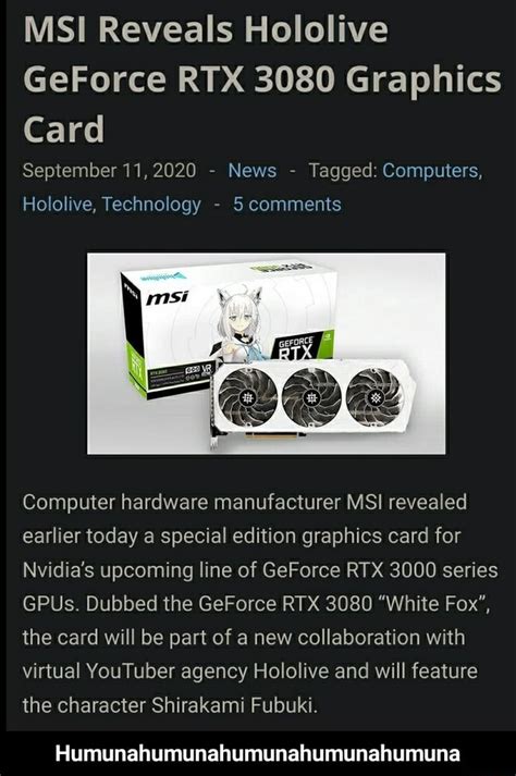 MSI Reveals Hololive GeForce RTX 3080 Graphics Card September 11 2020