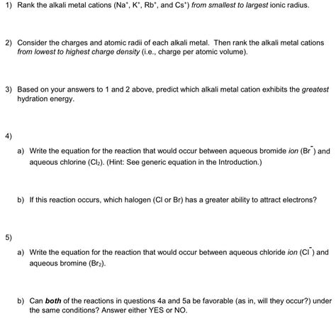 Solved 1 Rank The Alkali Metal Cations Nakrb And