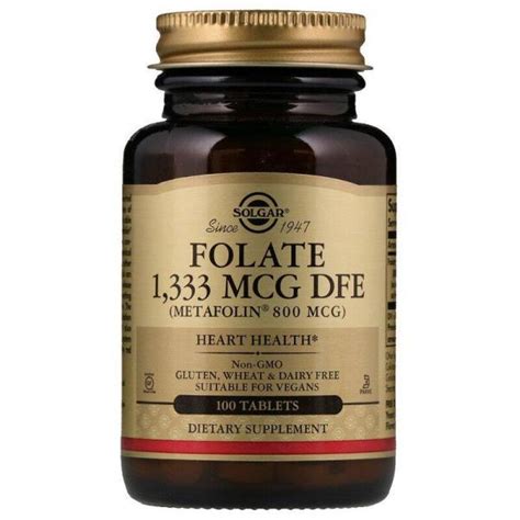 Фолат (метафолин), Folate, Solgar, 800 мкг (1333 мкг DFE), 100 таблеток ...