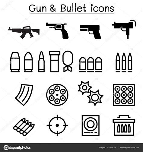 Gun Bullet Icon Set In Thin Line Style Vector Illustration Graphic