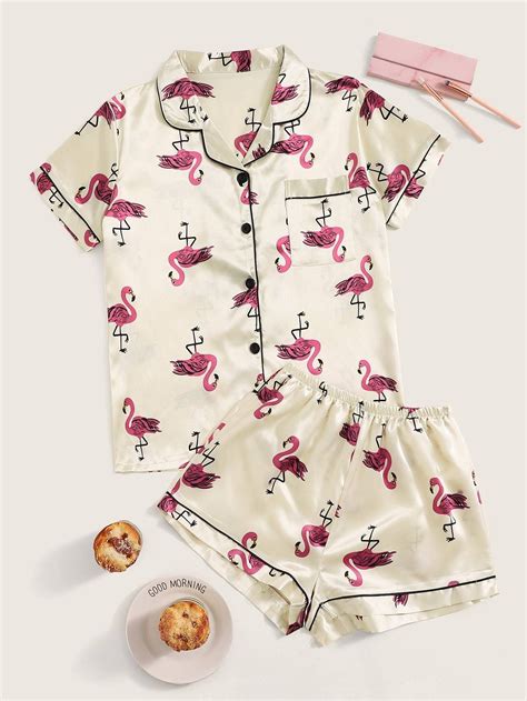 Flamingo Print Satin Pajama Set Satin Pyjama Set Satin Pajamas