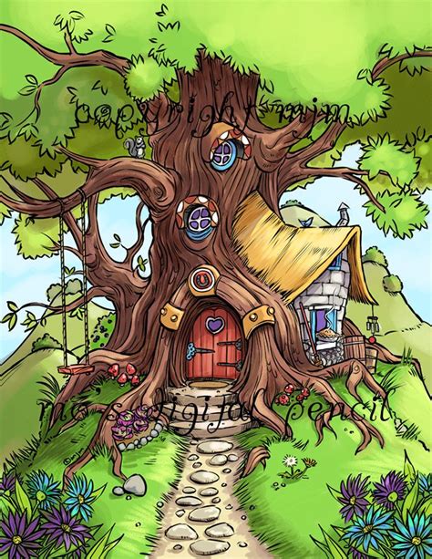 Cottage Treehouse Tree House Drawing Tree Drawing Whimsical Art