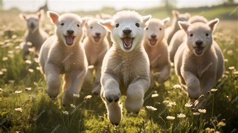 Premium Photo Happy Lambs Run In The Meadowsgenerative Ai