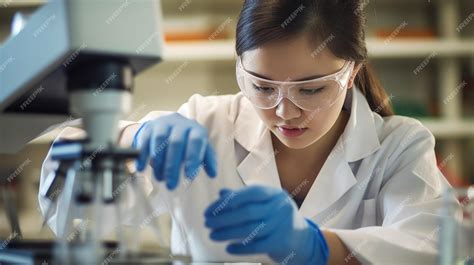 Premium Ai Image A Woman In A Lab Coat And Goggles Works On A Microscope