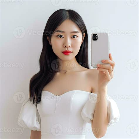 A Woman Holding Up Cell Phone In Her Hand And Wearing White Dress Ai