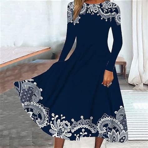 Women's Casual Dress Floral Pocket Print Crew Neck Midi Dress Daily