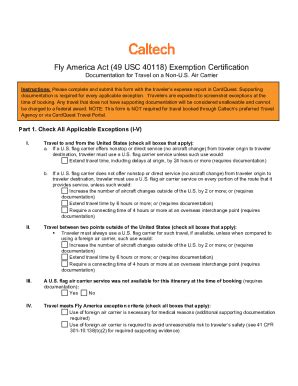 Fillable Online Procurement Caltech Fly America Act Exceptions Form Fax