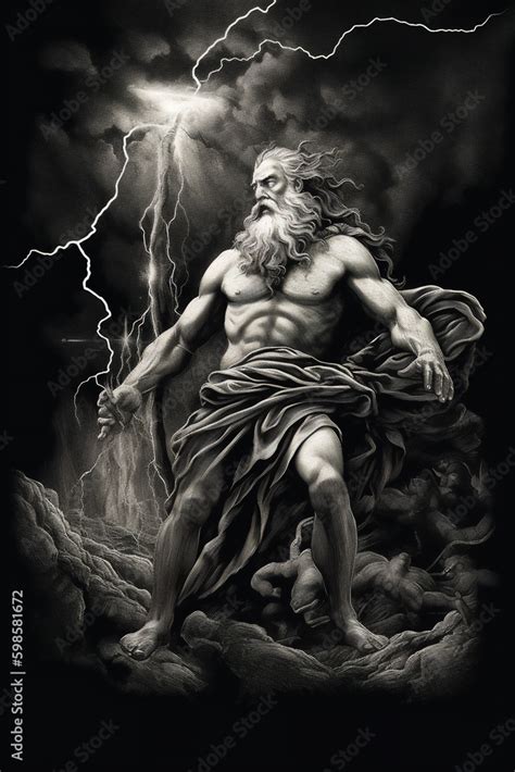 Engraved Portrait Of Zeus King Of The Gods On Mount Olympus In Greek