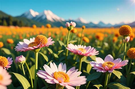 Um Campo De Flores As Montanhas Ao Fundo Foto Premium