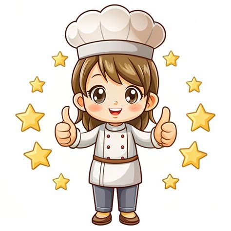 Cute And Kawaii Female Chef Or Baker With Thumbs Up And Five Stars In