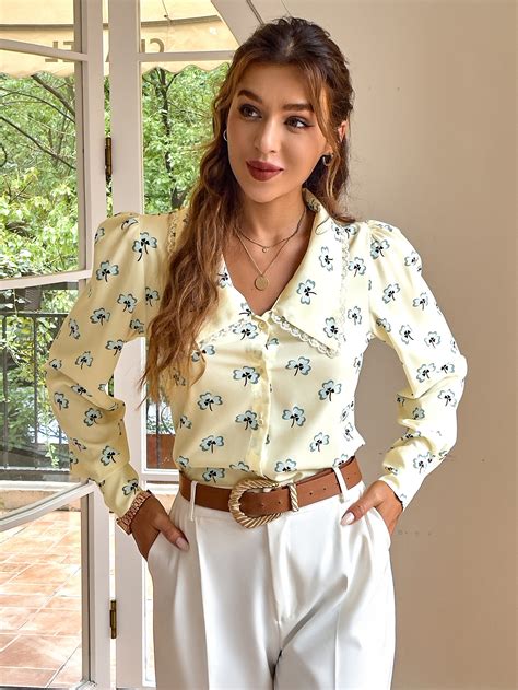 Simplee Camisa con estampado floral con botón delantero Moda de Mujer