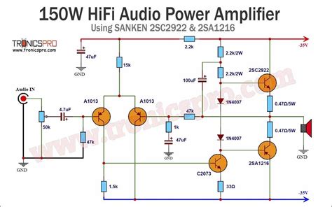 150w Amplifier Circuit Diagram Using Sanken 2sc2922 Electronic Circuit Design Electronic