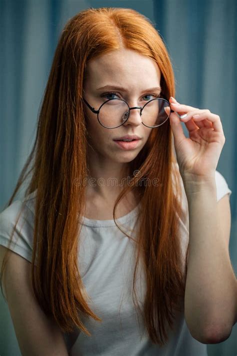 Beautiful Red Haired Girl Face With Glasses Closeup Stock Image Image Of Caucasian Fresh