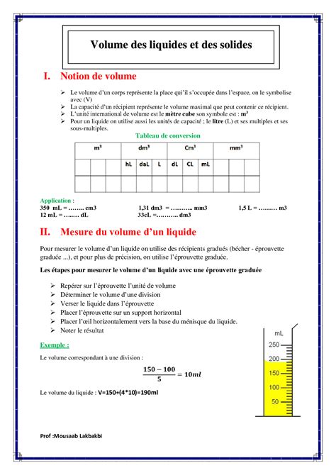 Mesure Du Volume Des Liquides Et Des Solides R Sum De Cours