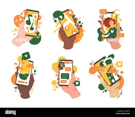 Various Hands Holding Smartphones With App Set Modern Cartoon Portable