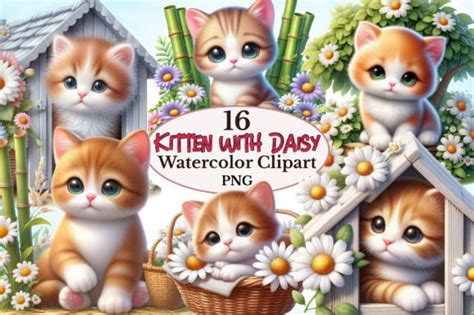 Kitten With Daisy Sublimation Clipart Graphic By Craftvillage