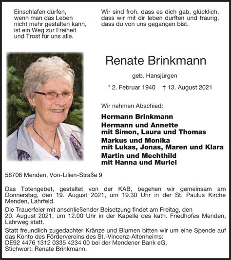 Traueranzeigen Von Renate Brinkmann Trauer In Nrw De