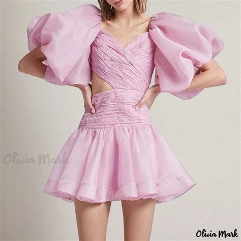 Olivia Mark Elegant Pink Asymmetric Cut Out Sweetheart Neck Puff