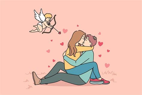 Cupid Shooting With Arrows In To Happy Couple Kissing Woman Sitting On Man Hugging And Cuddling