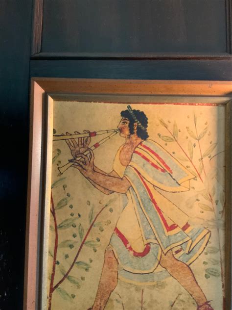 Vintage Etruscan Double Flute Player Art On Board With Wood Frame