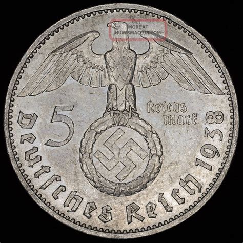 Ww2 German 5 Mark Silver Coin 1938 G Third Reich Big Swastika