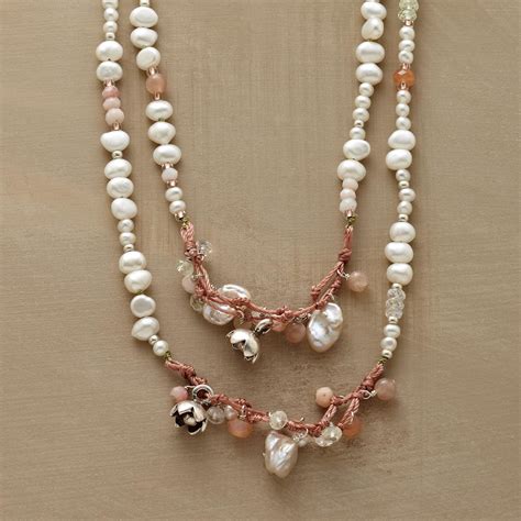 Peaches And Pearls Necklace One Strand Splits Into Two Dotted With