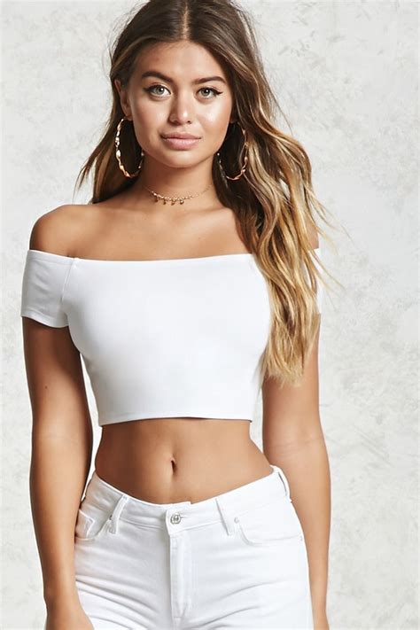 A Knit Crop Top Featuring An Elasticized Off The Shoulder Design And