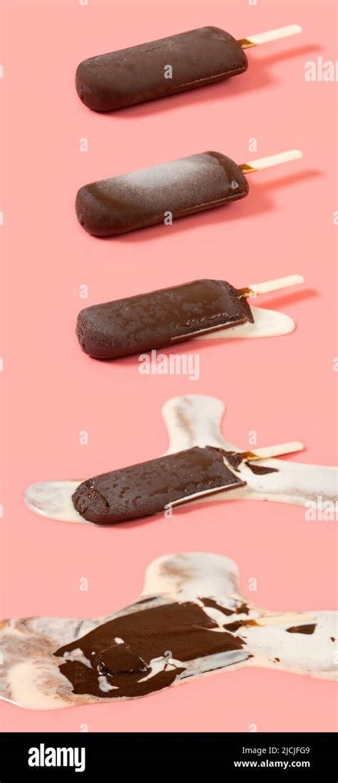 Chocolate Outer Popsicle Melting Process On A Pink Background Stock