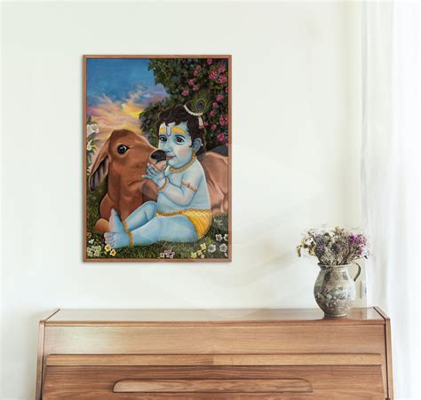 Krishna Painting With Cow /original Canvas Art/ Home Décor - Etsy