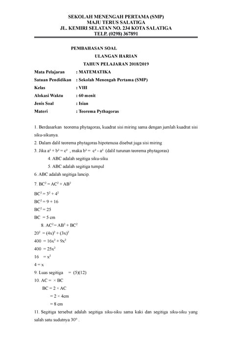 Pembahasan SOAL Teorema Pythagoras Isian SEKOLAH MENENGAH PERTAMA