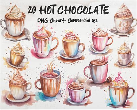 Hot Chocolate Clipart Watercolor Hot Cocoa PNG Christmas Collage Images Food Clipart Bundle