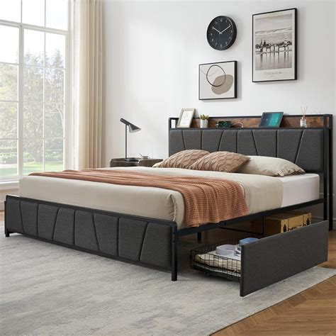 Gaomon King Size Bed Frame With 2 Storage Drawers Linen