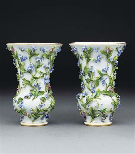 A Pair Of Meissen Flower Encrusted Vases Late 19th Early 20th Century