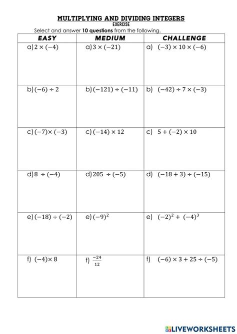 Multiplying And Dividing Integers Interactive Exercise Live