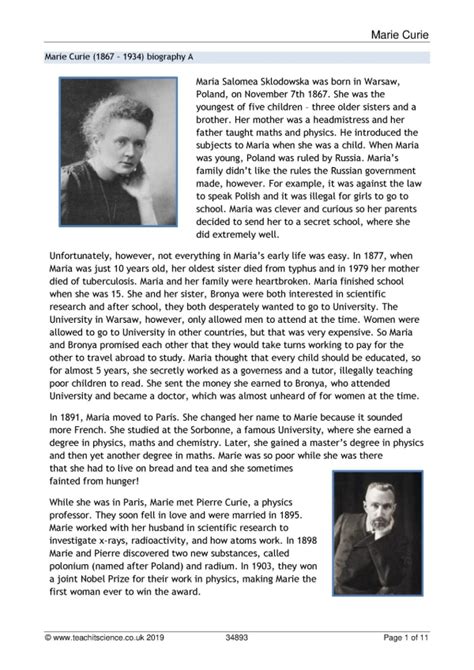 Marie Curie Comprehension Ks3 Science Teachit